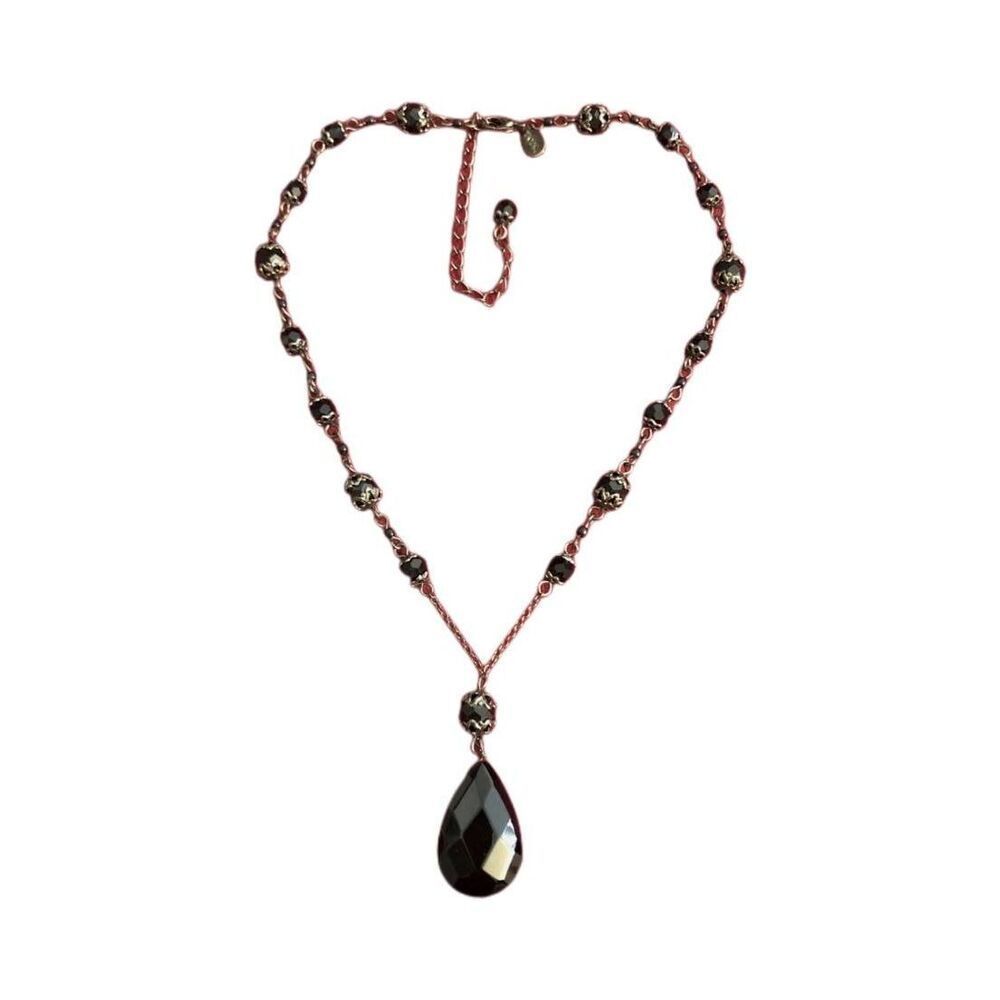 Gorgeous 2028 Black Faceted Glass Pendant and Bead Dark Silvertone Chain